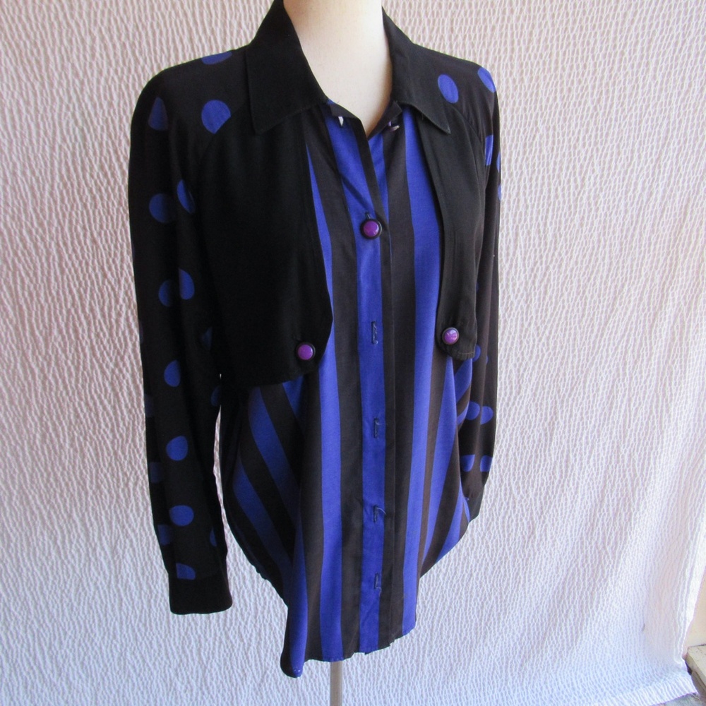 Blue Lagenlook Vintage Top JKLA Shirt Black Polka Dot Made USA Long Sleeve M